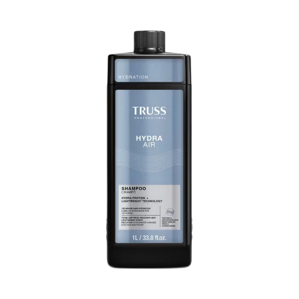 Frasco de shampoo Truss Hydra Air 1L em fundo branco